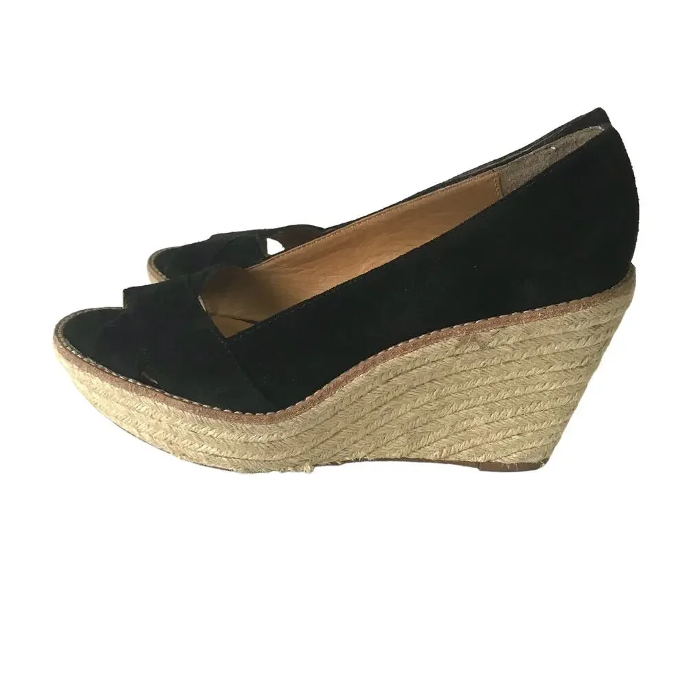 KORS Michael Kors Black Suede Wedge Open Toe Bleeker Sandal Espadrilles 11